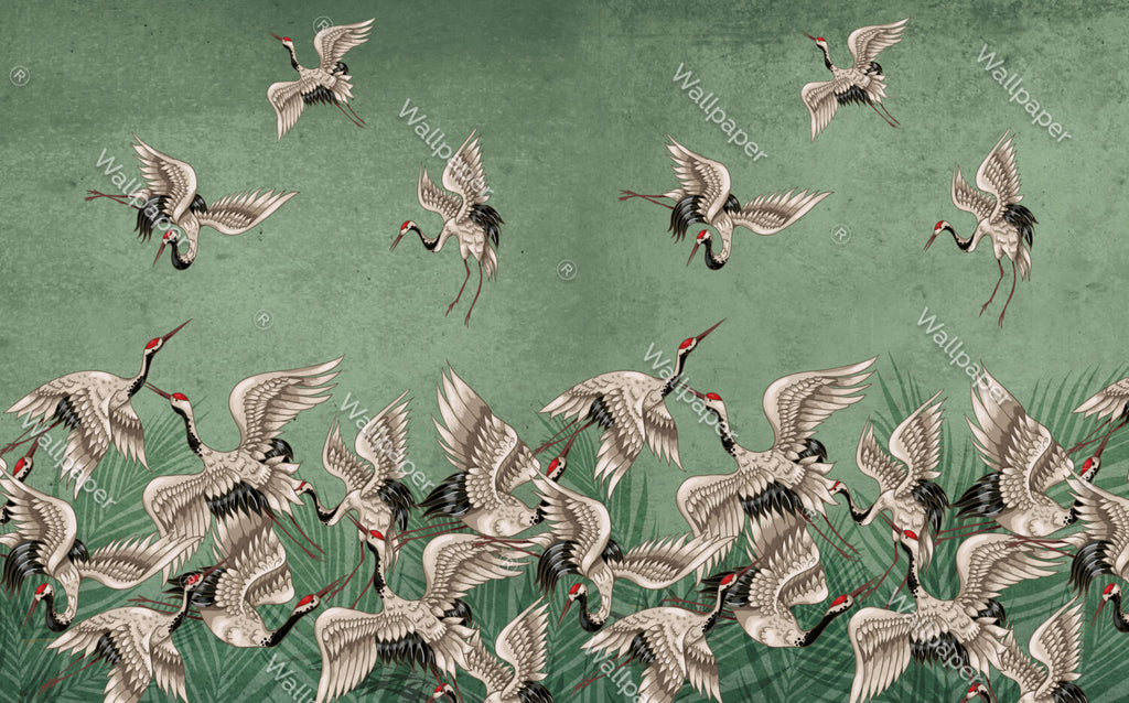 Green Crane Wallpaper : Distressed Sage Flying Birds Mural - View 2