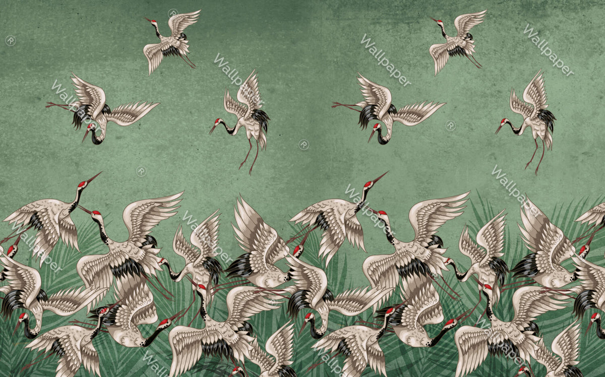 Green Crane Wallpaper : Distressed Sage Flying Birds Mural - View 2