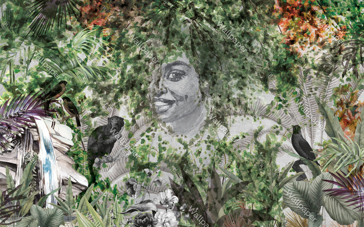 Jungle Face Wallpaper : Sketch Portrait With Tropical Leaves Mural - View 2