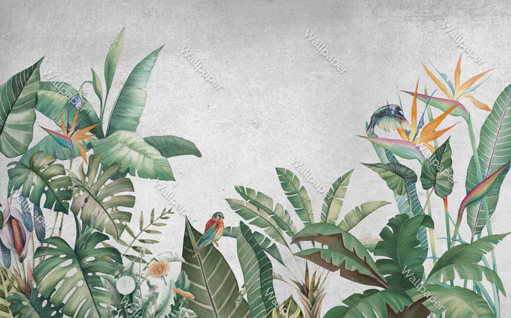 Banana Leaf Wallpaper : Tropical Plants And Kingfisher Mural - View 2