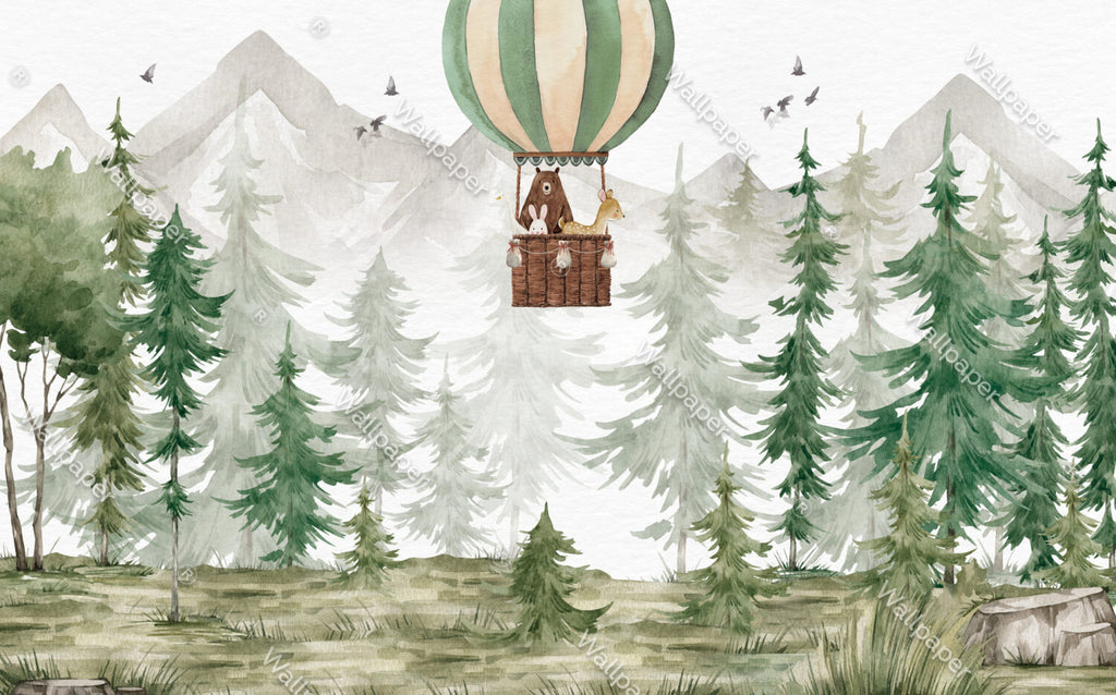 Balloon Forest Wallpaper : Watercolor Pine Trees Kids Mural - View 2