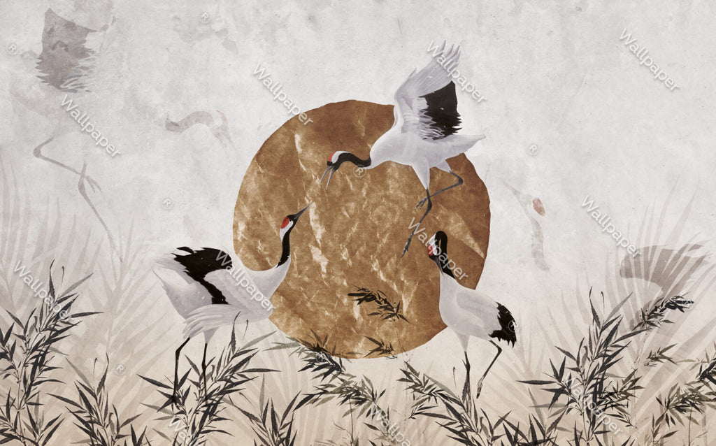 Gold Sun Crane Wallpaper : Japanese Bird And Gold Leaf Mural - View 2