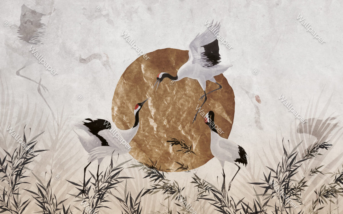 Gold Sun Crane Wallpaper : Japanese Bird And Gold Leaf Mural - View 2