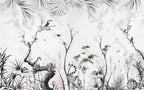 Black And White Jungle Wallpaper : Lemur And Toucan Ink Mural - View 2