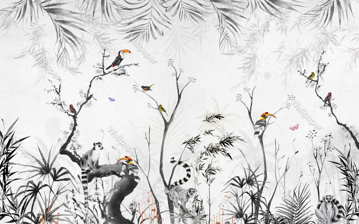 Black And White Jungle Wallpaper : Lemur And Toucan Ink Mural - View 2