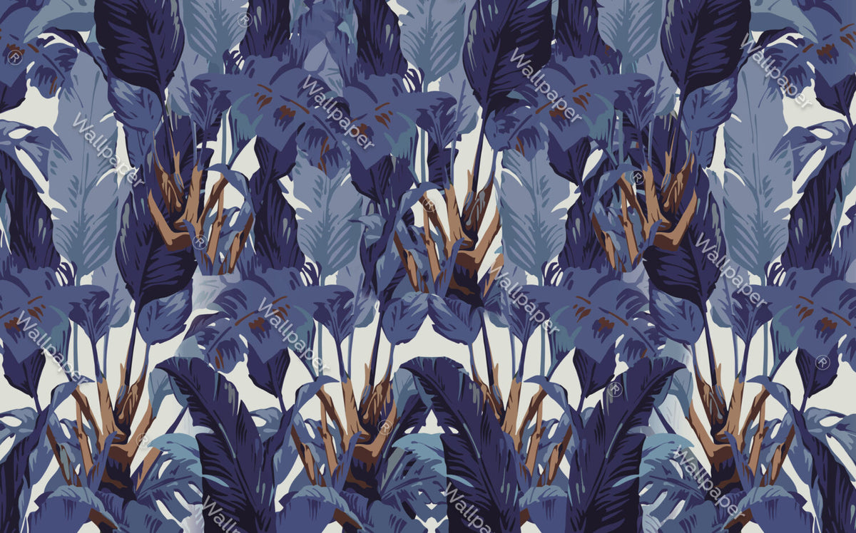 Purple Tropical Leaf Wallpaper : Indigo Jungle Pattern - View 2