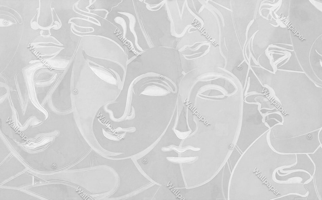 Grey Silhouette Face Wallpaper : Line Art Woman Portrait Mural - View 2