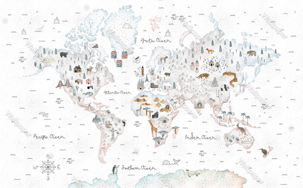 Watercolor Animal World Map Wallpaper : Landmarks Kids Mural - View 2