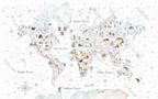 Watercolor Animal World Map Wallpaper : Landmarks Kids Mural - View 2