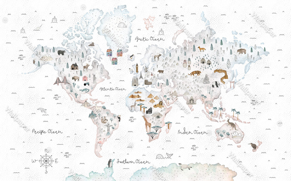 Watercolor Animal World Map Wallpaper : Landmarks Kids Mural - View 2