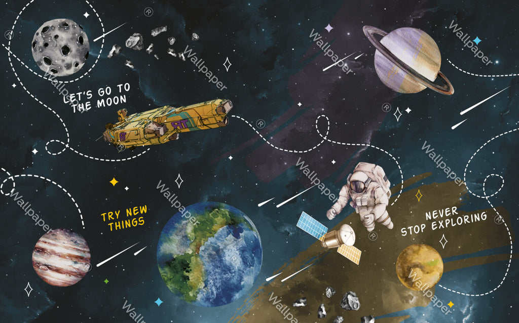 Space Adventure Wallpaper : Planets, Spaceship and Astronaut Mural - View 2