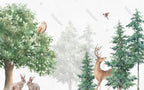 Watercolor Woodland Deer Wallpaper : Misty Forest Animals Mural - View 2