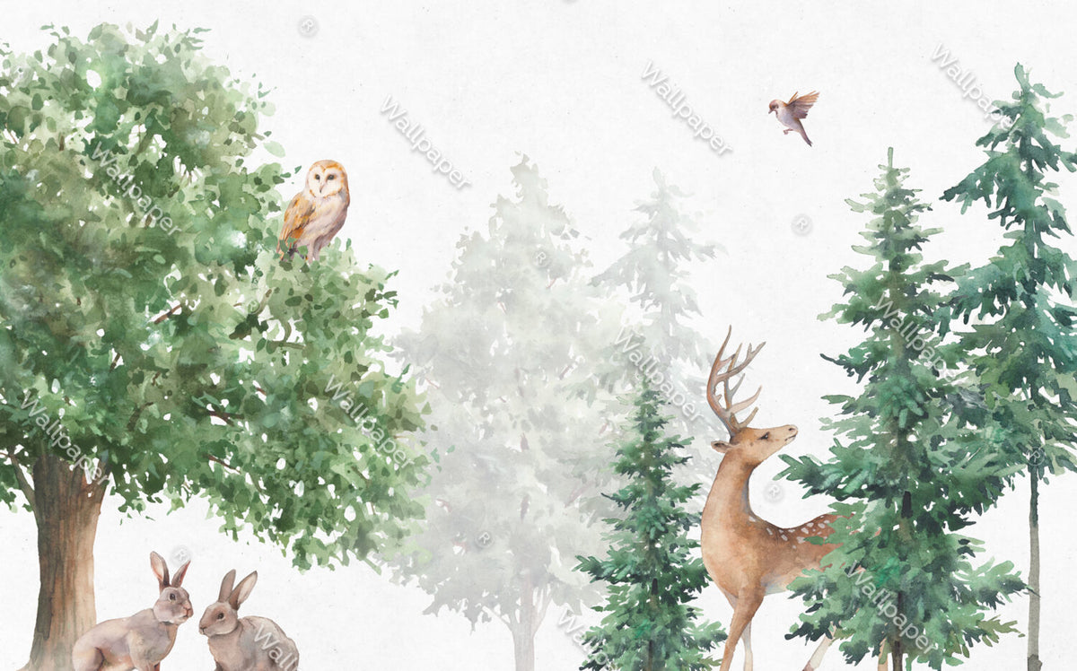 Watercolor Woodland Deer Wallpaper : Misty Forest Animals Mural - View 2