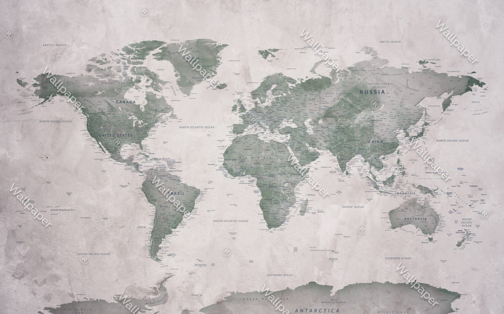Green World Map Wallpaper : Vintage Detailed Atlas Mural - View 2