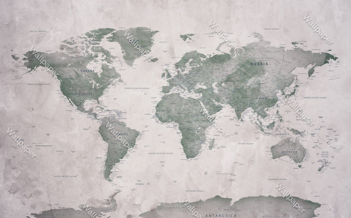 Green World Map Wallpaper : Vintage Detailed Atlas Mural - View 2