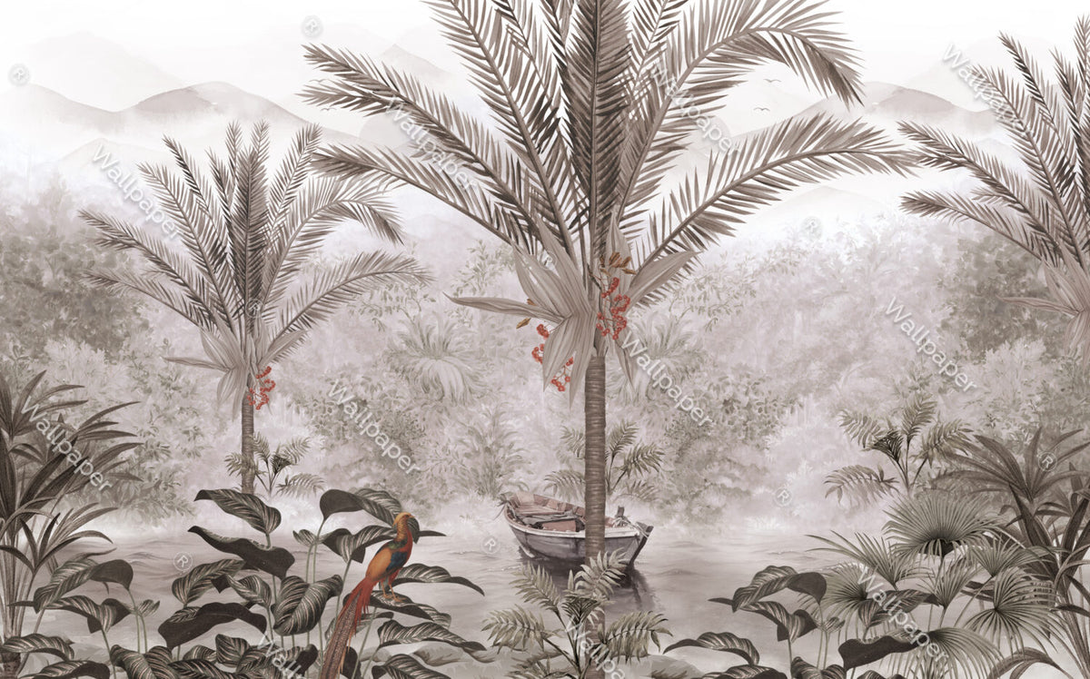 Misty Palm Lake Wallpaper : Rowboat Tropical Landscape Mural - View 2
