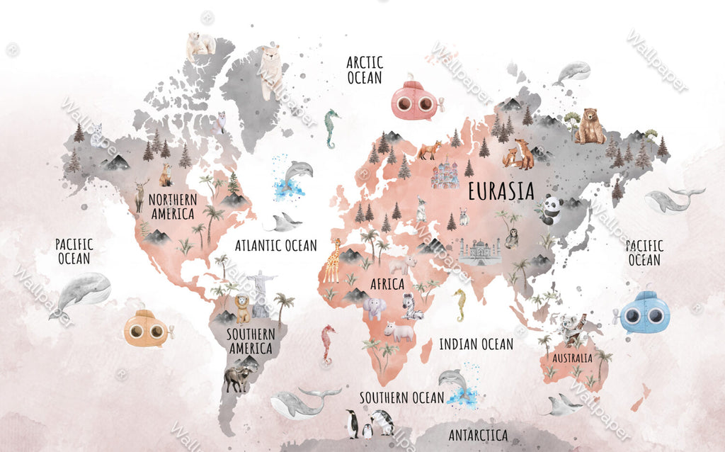 Pink Animal World Map Wallpaper : Kids Landmarks Atlas Mural - View 2