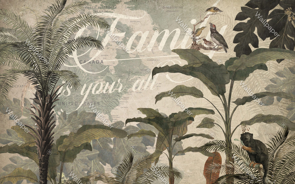 Retro Jungle Script Wallpaper : Birds and Monkeys Mural - View 2