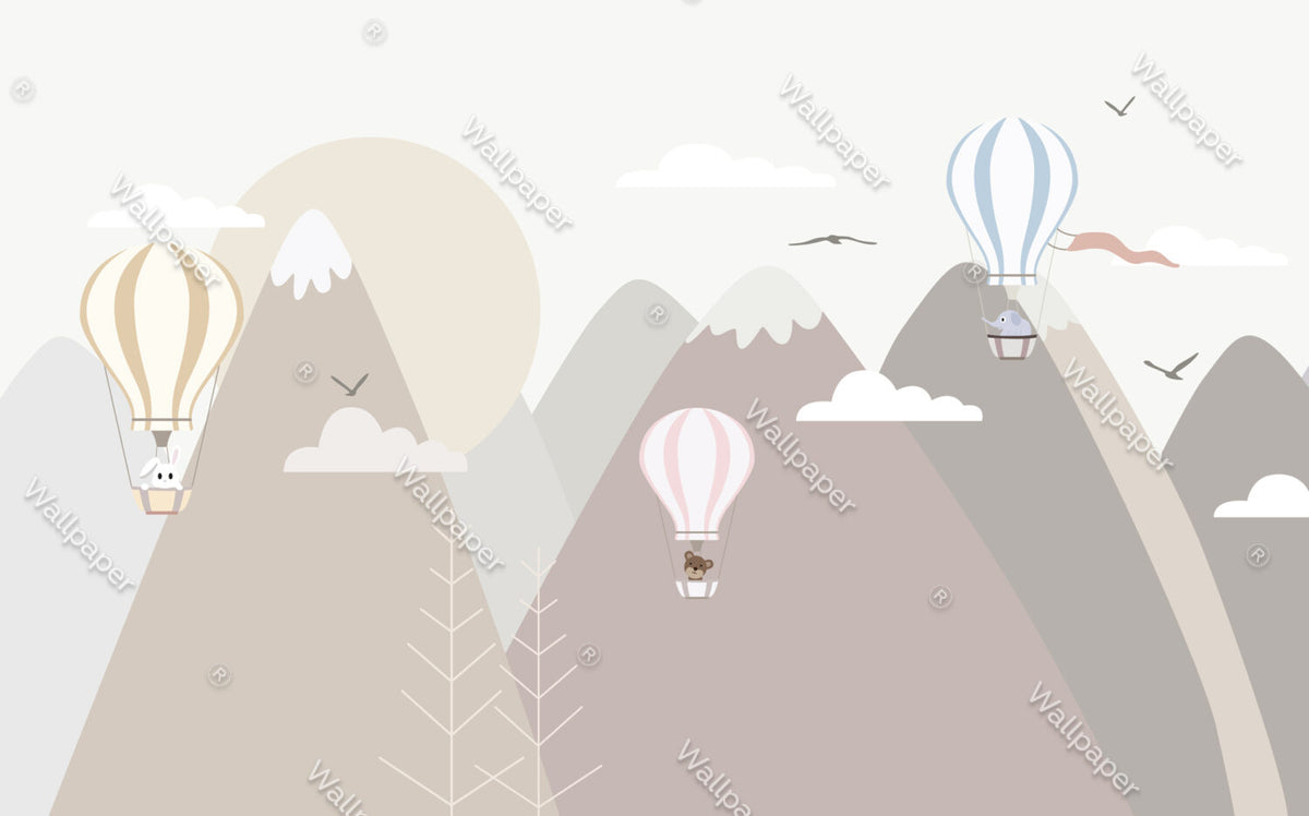 Soft Mountain Balloons Wallpaper : Pastel Peaks Nursery Mural - View 2
