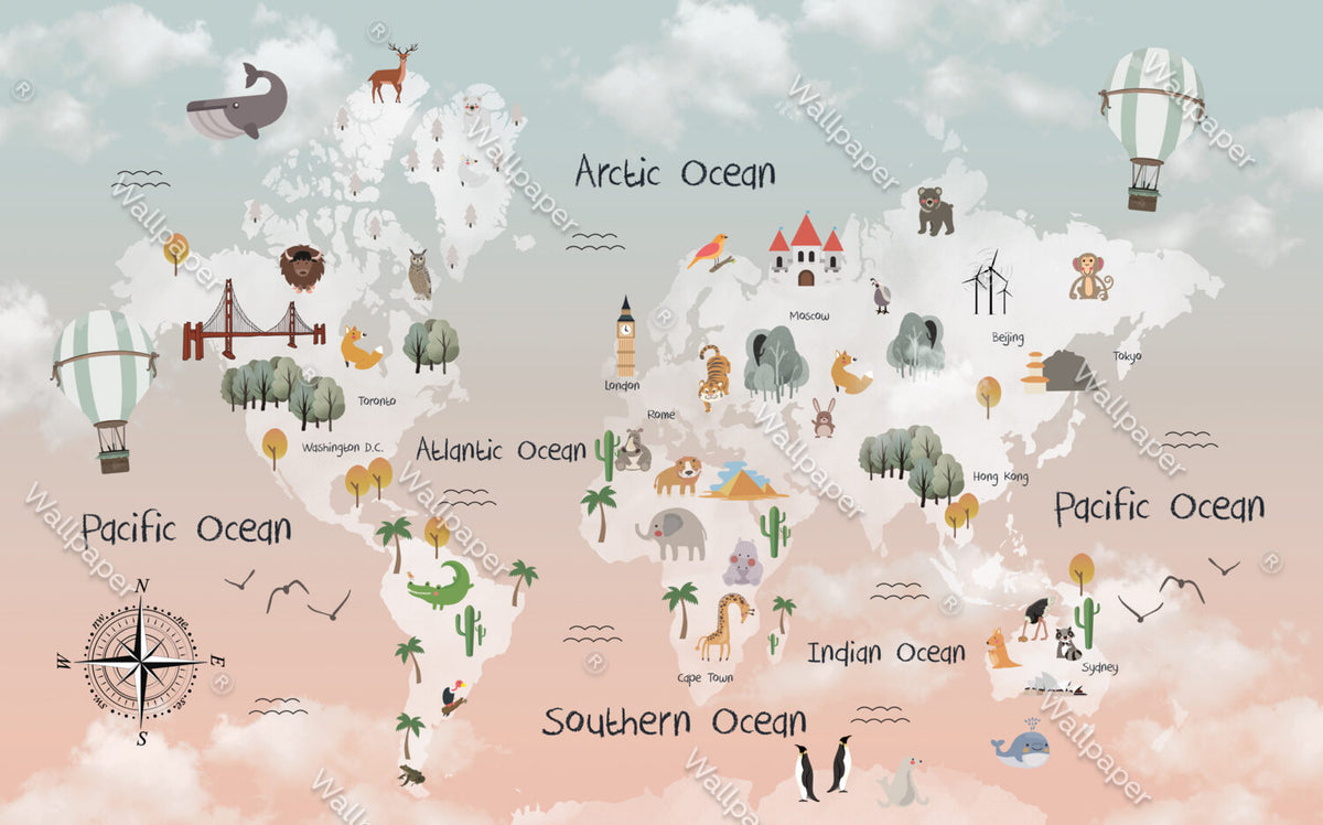 Cartoon Animal World Map Wallpaper : Pastel Kids Atlas Mural - View 2