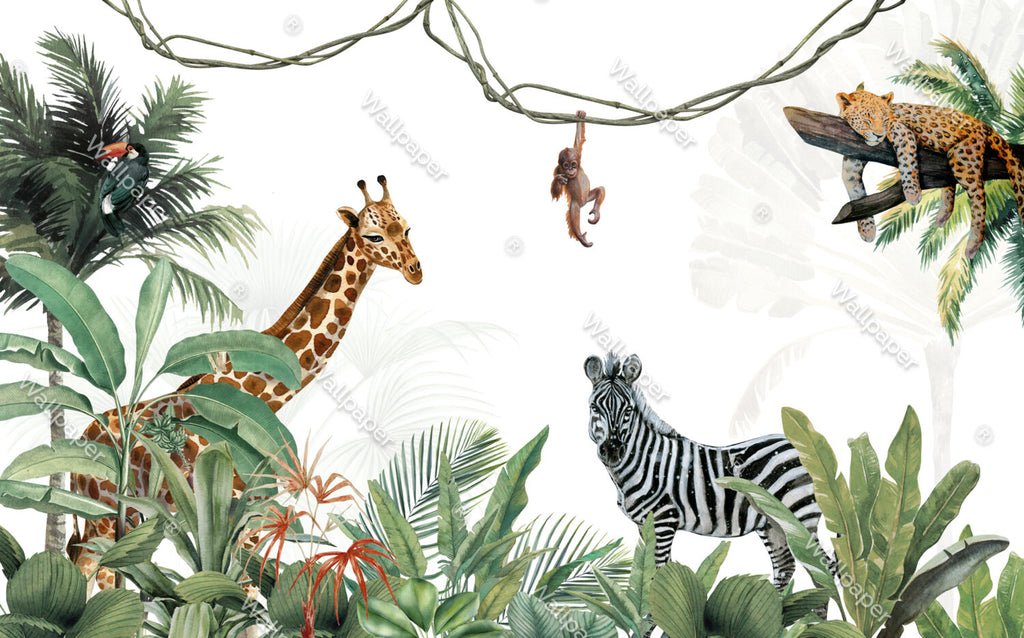 Safari Friends Wallpaper : Giraffe, Zebra and Palms Kids Mural - View 2