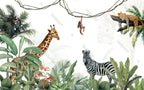 Safari Friends Wallpaper : Giraffe, Zebra and Palms Kids Mural - View 2
