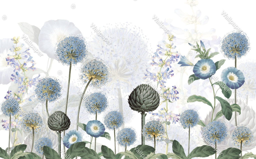 Blue Allium Wallpaper : Dandelion and Morning Glory Mural - View 2