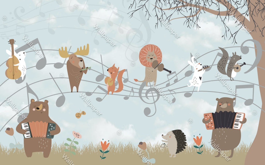 Musical Animals Wallpaper : Fox And Lion Music Notes Kids Mural - View 2