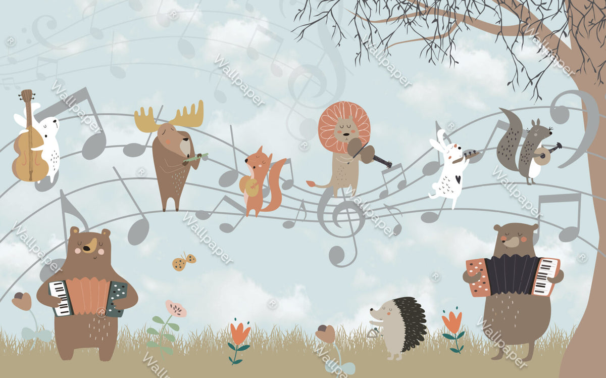 Musical Animals Wallpaper : Fox And Lion Music Notes Kids Mural - View 2
