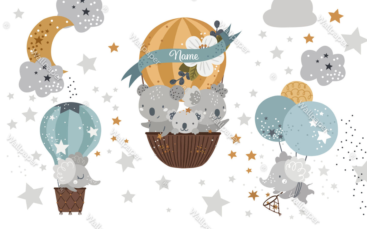 Koala Balloon Wallpaper : Grey Hot Air Balloon Nursery Mural - View 2
