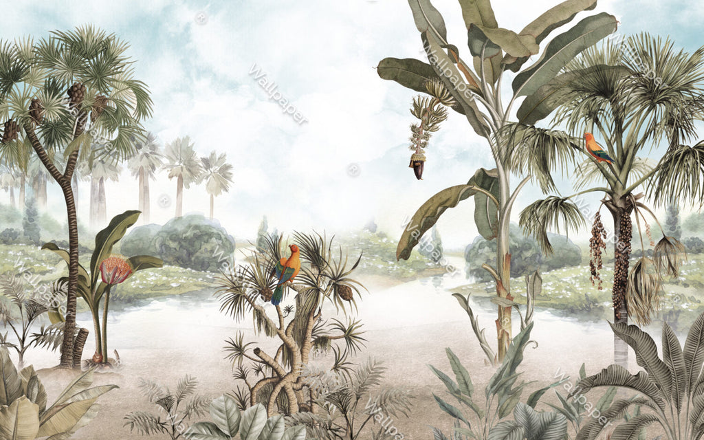 Tropical Lake Parrots Wallpaper : Palms and Banana Trees Mural - View 2