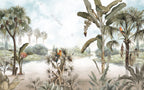 Tropical Lake Parrots Wallpaper : Palms and Banana Trees Mural - View 2