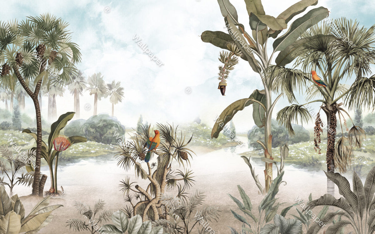 Tropical Lake Parrots Wallpaper : Palms and Banana Trees Mural - View 2