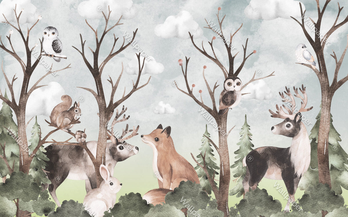 Woodland Animals Wallpaper : Fox And Deer Forest Nursery Mural - View 2