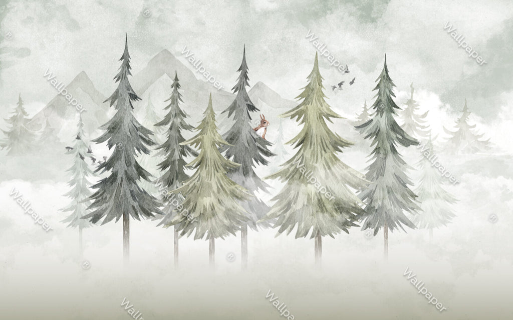 Soft Pine Forest Wallpaper : Watercolor Fir Trees Mural - View 2