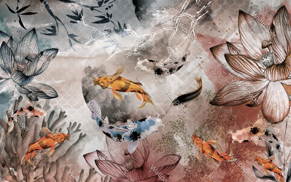 Koi Fish Wallpaper : Floating Among Flowers Art Mural - View 2