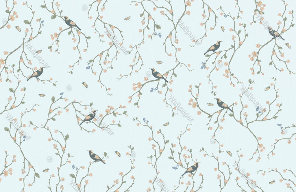 Blue Cherry Blossom Bird Wallpaper : Chinoiserie Branch Pattern - View 2