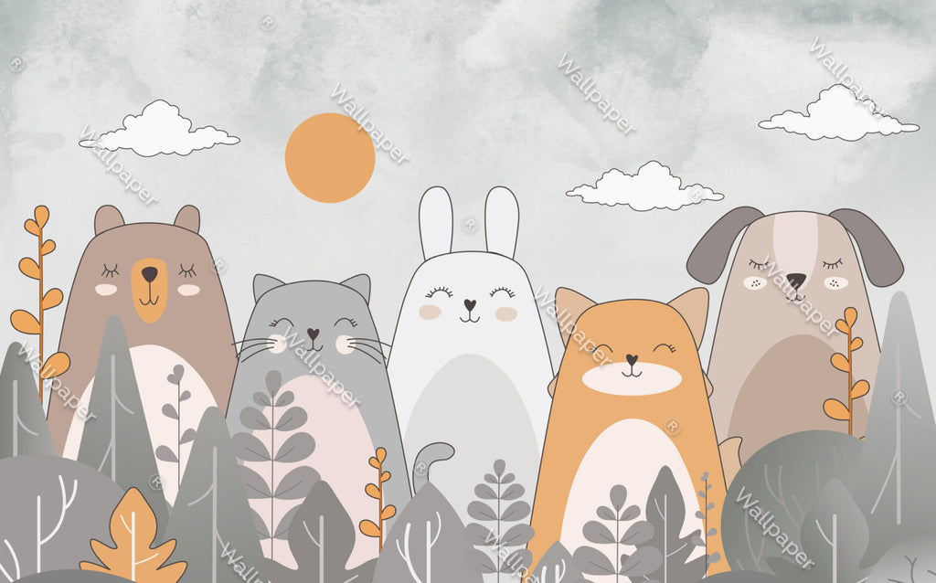 Cute Cat And Bunny Wallpaper : Soft Cartoon Animals Kids Mural - View 2