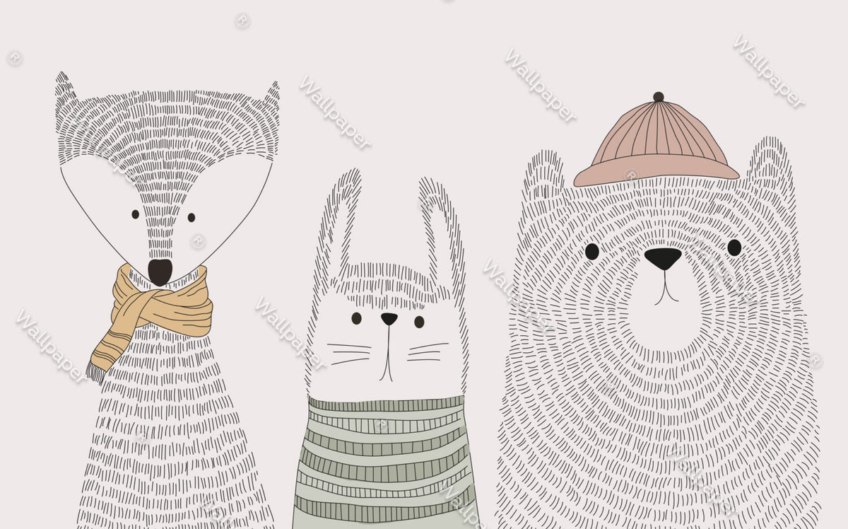 Sketch Animals Wallpaper : Grey Line Bear And Bunny Kids Mural - View 2