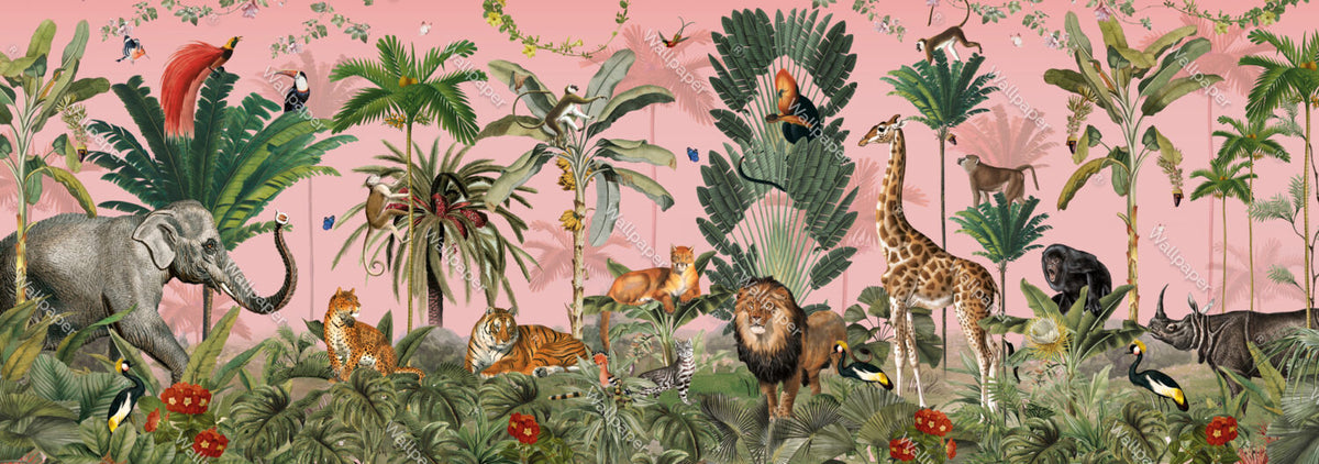 Pink Jungle Animals Wallpaper : Tiger, Lion and Palms Mural - View 2