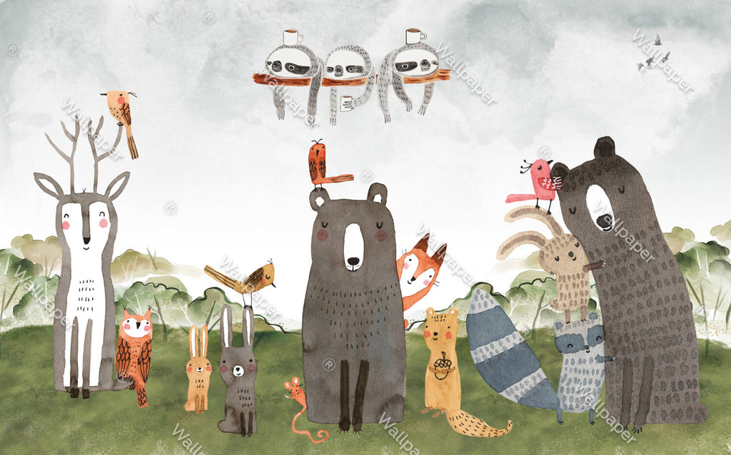 Watercolor Bear Wallpaper : Fox And Forest Animals Kids Mural - View 2