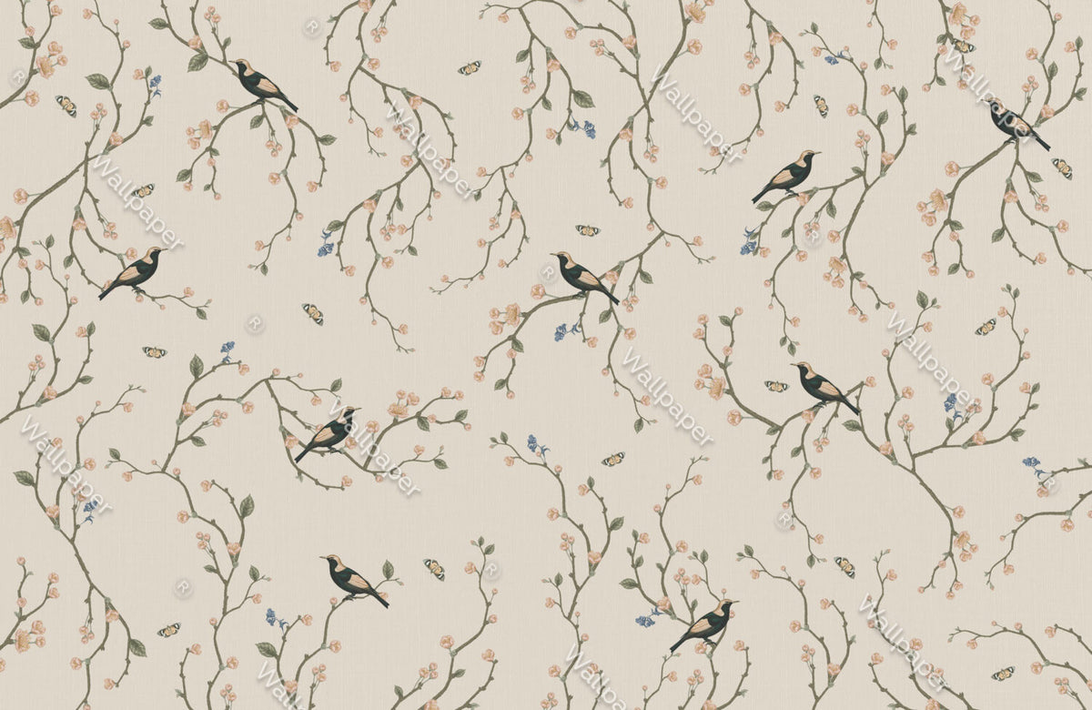 Beige Cherry Blossom Bird Wallpaper : Chinoiserie Branch Pattern - View 2