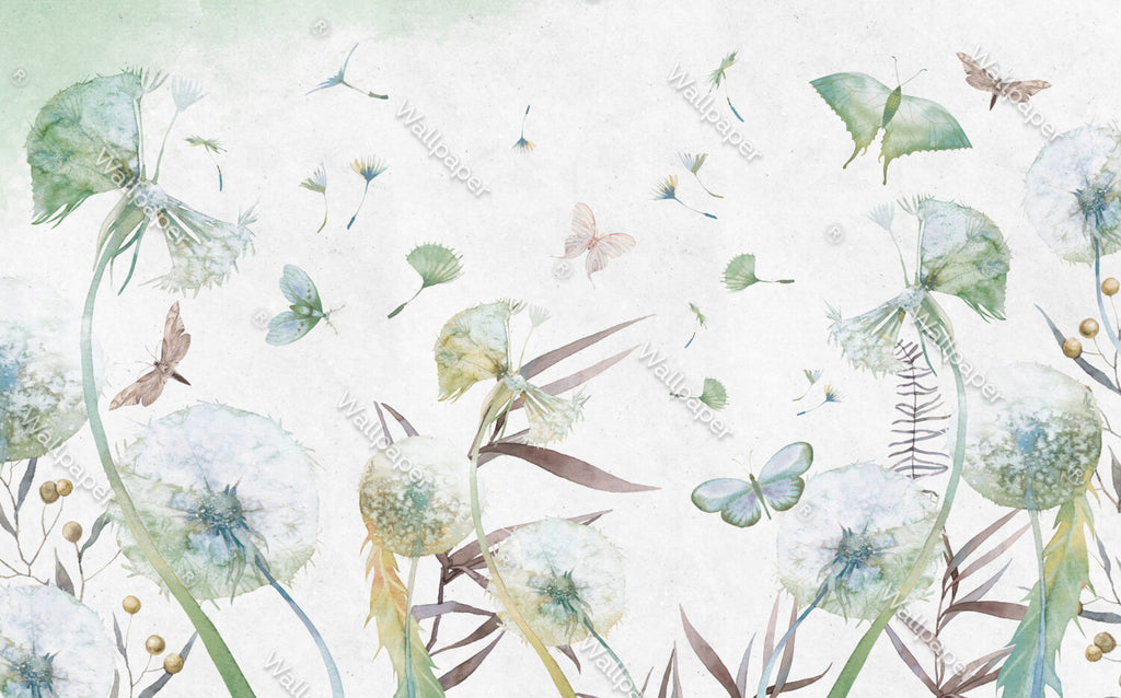 Green Dandelion Wallpaper : Watercolor Butterfly Seeds Mural - View 2