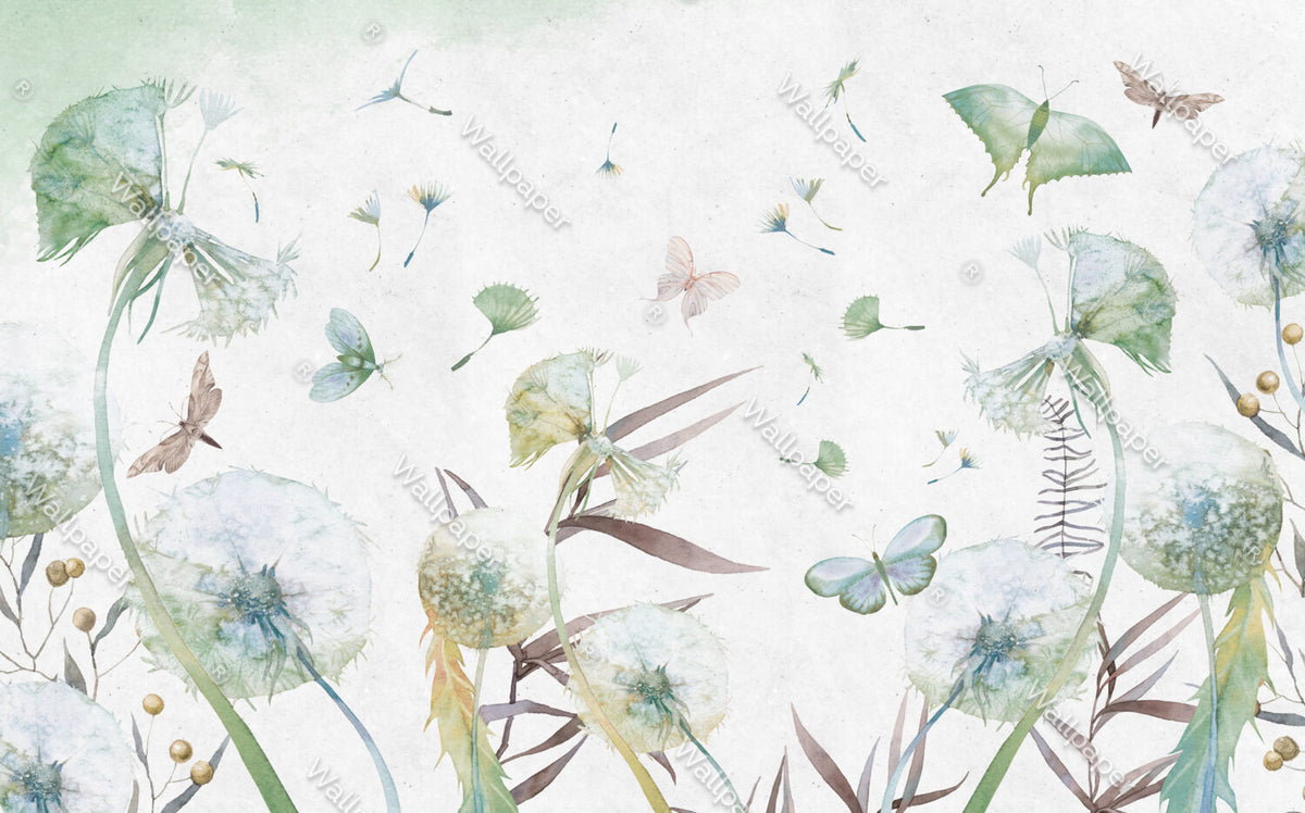 Green Dandelion Wallpaper : Watercolor Butterfly Seeds Mural - View 2