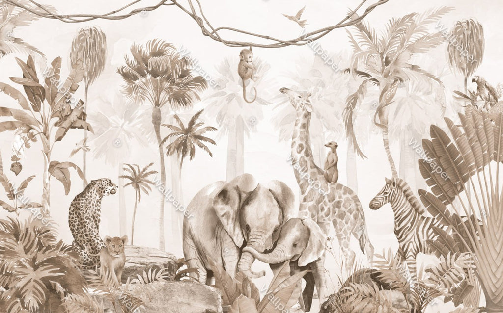 Sepia Elephant Family Wallpaper : Jungle Animals Mural - View 2