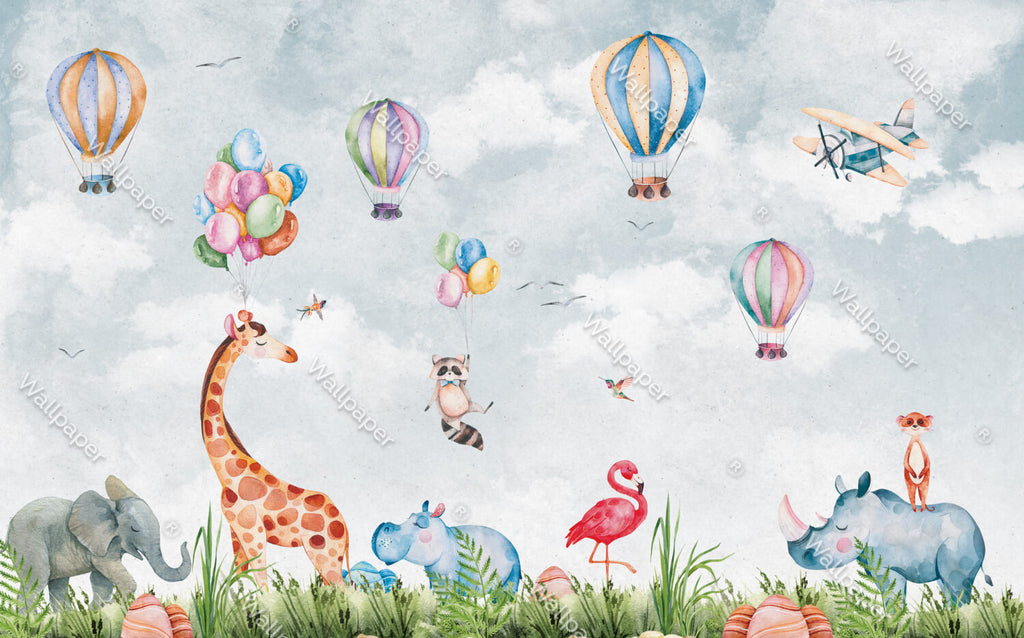 Raccoon Balloon Wallpaper : Giraffe And Flamingo Kids Mural - View 2
