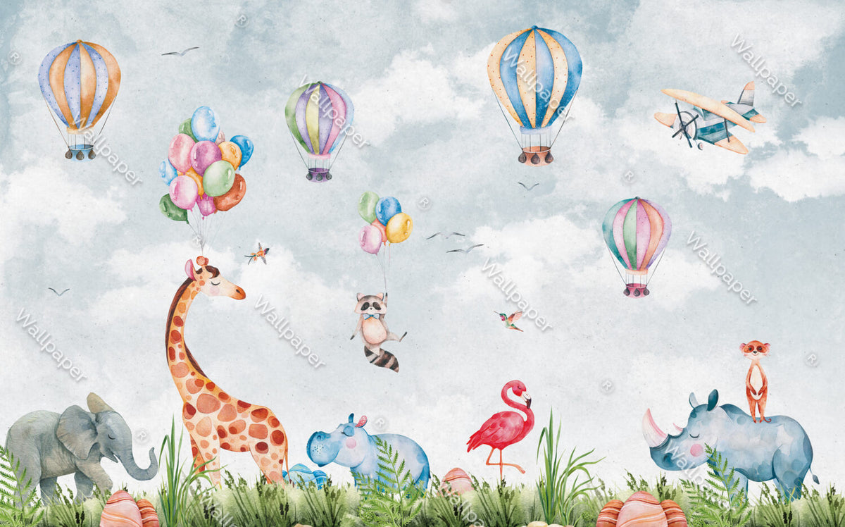 Raccoon Balloon Wallpaper : Giraffe And Flamingo Kids Mural - View 2