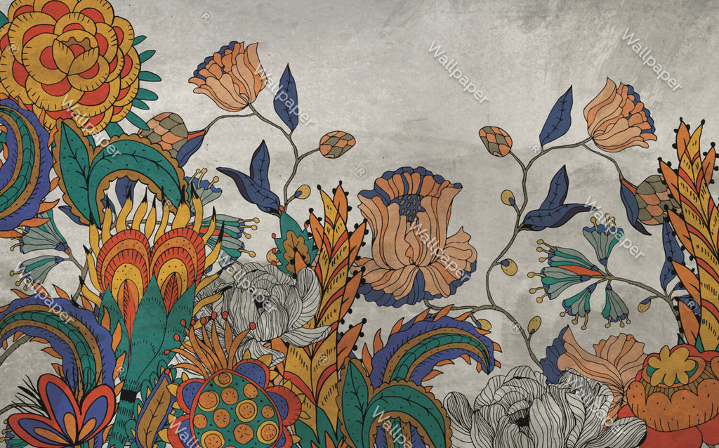 Folk Art Floral Wallpaper : Bold Stylized Flowers Mural - View 2