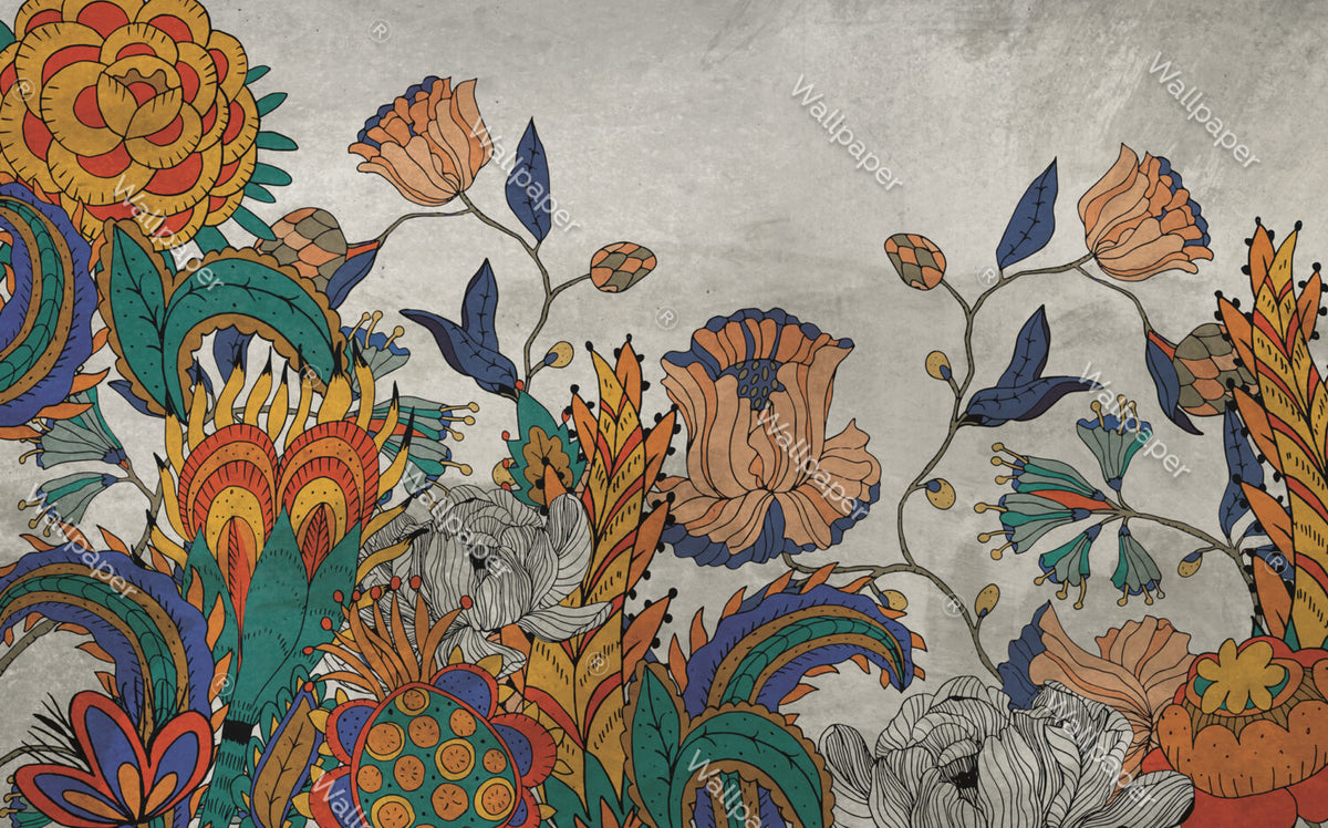 Folk Art Floral Wallpaper : Bold Stylized Flowers Mural - View 2