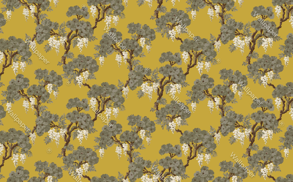 Mustard Wisteria Tree Wallpaper : Chinoiserie Blossom Pattern - View 2